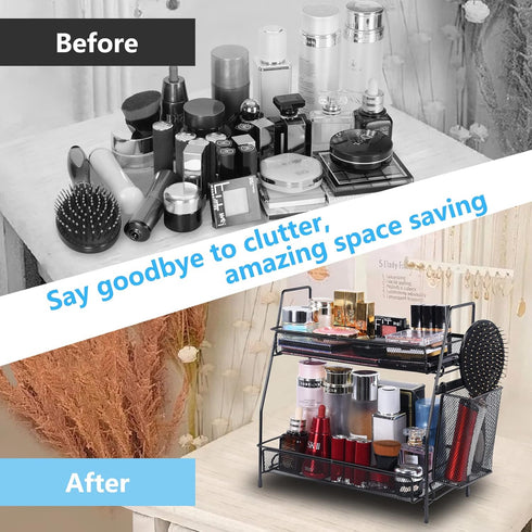 LEMIKKLE Bathroom Countertop Organizer, Bedroom Organizer, Kitchen Spice Rack Shelf with Small Basket (Black)
