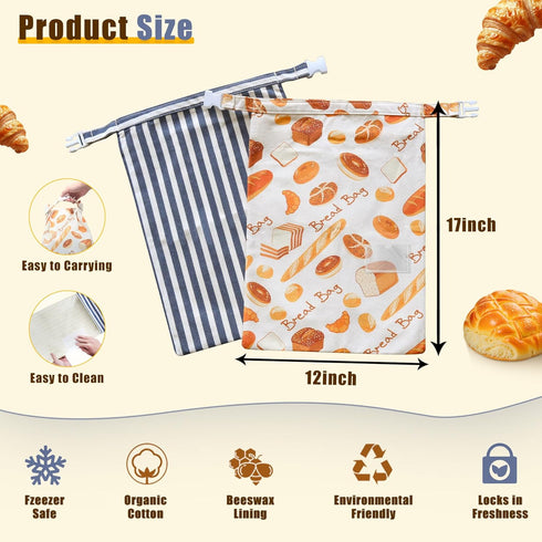 2 Pack Beeswax Bread Bags for Homemade Bread, Sourdough, Reusable Bread Bag XL Eco-Friendly Fresh Food Storage