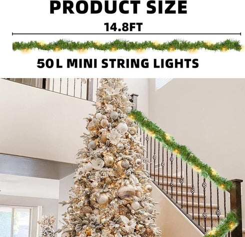 14.8 50 Nerosun FT Artificial Christmas Garland, Pre-Lit LED Mini String Lights Battery Operated Xmas Garland for Home