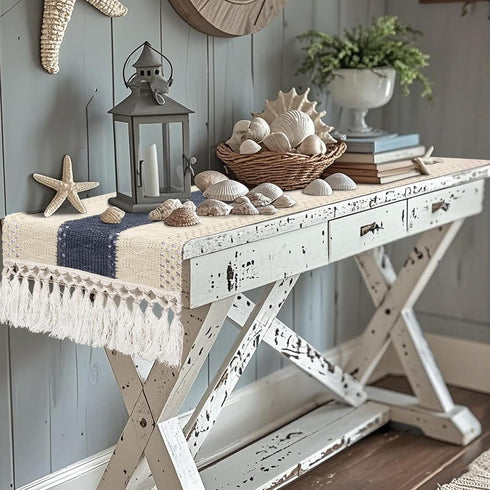 Summer 48 Inches yuboo Boho Macrame Dresser Runner, Navy Blue Coffee Table Runner Short, Rustic Coastal Table Runner