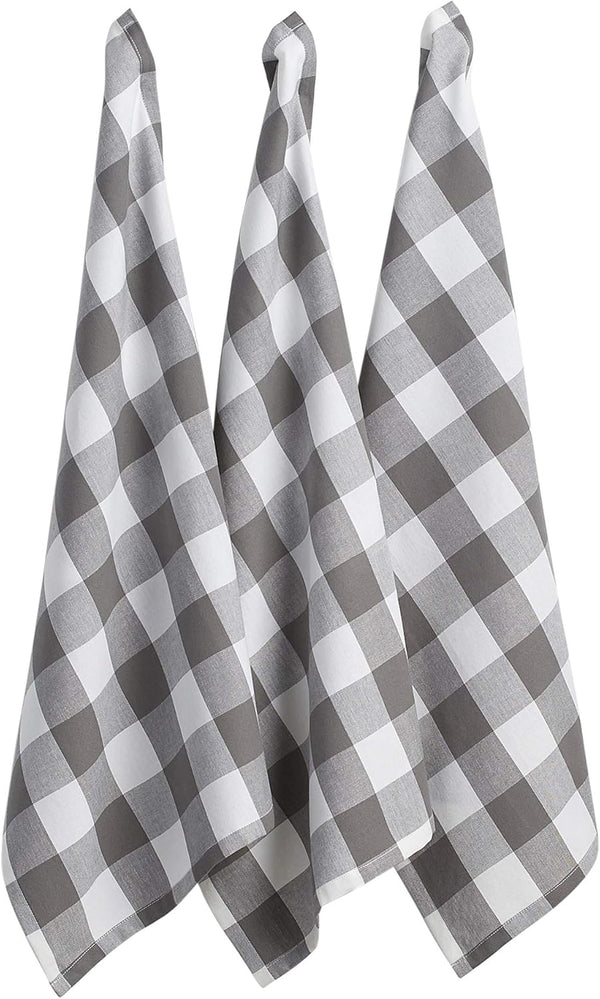 DII Buffalo Check Kitchen Collection - Classic Farmhouse Dishtowel Set, 20x30, Gray & White, 3 Piece
