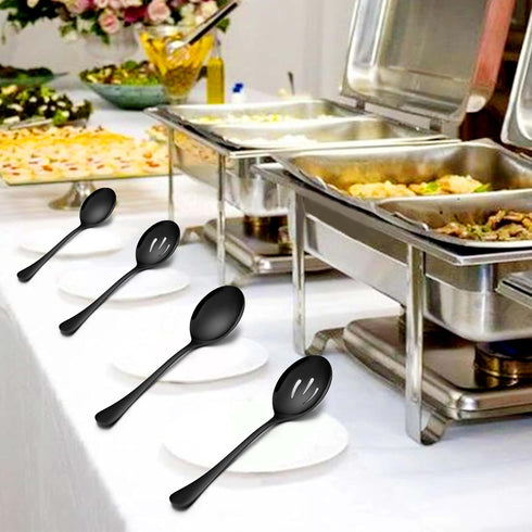 Homikit Stainless Steel Serving Utensils, 2 Black Serving Spoons, 2 Slotted Spoons, 2 Forks, Dishwasher Safe