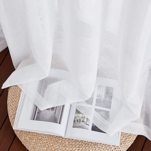 NICETOWN Sheer Curtains for Living Room, Grommet Top Faux Linen Semitransparent Curtains, 84 inches Long, White
