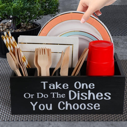 Small Paper Plate Holder Utensil Caddy Organizer for Countertop, Kitchen Silverware Cups, Forks, Spoons, Napkins, Wood