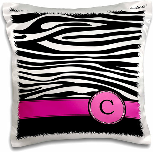 3dRose Letter C Monogrammed Black and White Zebra Stripes Animal Print with Hot Pink Personalized Initial Pillow Case,