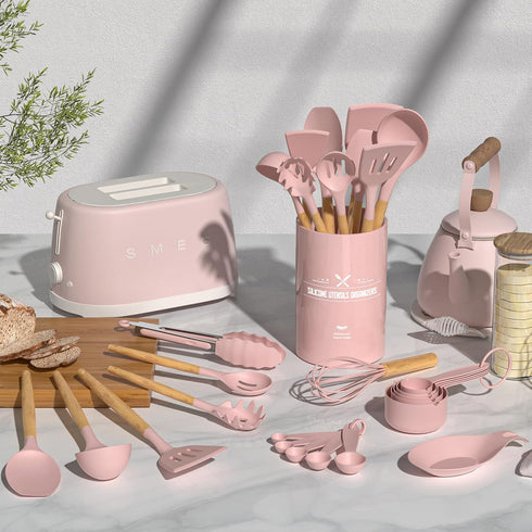 Kitchen Cooking Utensils Set, Umite Chef 33 pcs Non-stick Silicone Cooking Spatula Set with Holder, Wooden Handle Silicone Kitchen Gadgets Utensil Set (Pink) by Umite Chef