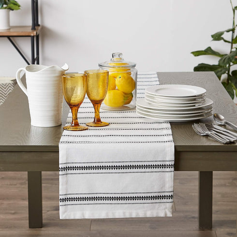 DII Zig Dobby Tabletop Collection, White Cotton Table Runner with Embellished Stripe, 14x108, Black