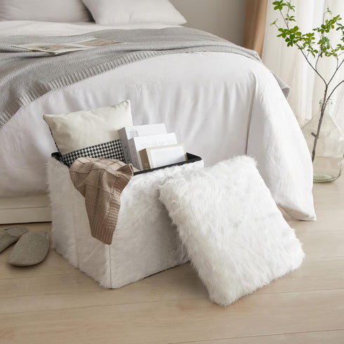 15 Inch Urban Lifestyle Mongolian Fur Collapsible Storage Ottoman Square Soft White Modern Multipurpose Footrest Bench