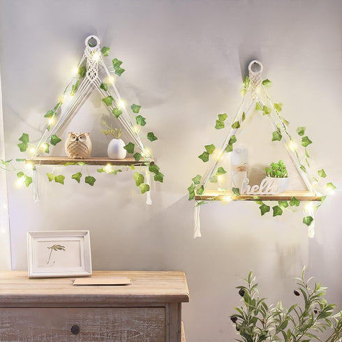 Set 2 Mkono Artificial Ivy Macrame Hanging Shelves with Lights of Boho Wall Decor Display Plants Photos Wood Floating