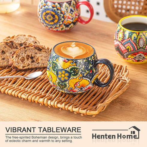 Set 6, 20 oz Henten Home Ceramic Coffee Mug of Colorful Coffee Cup with Handle, Boho Porcelian Mug for Cappuccino