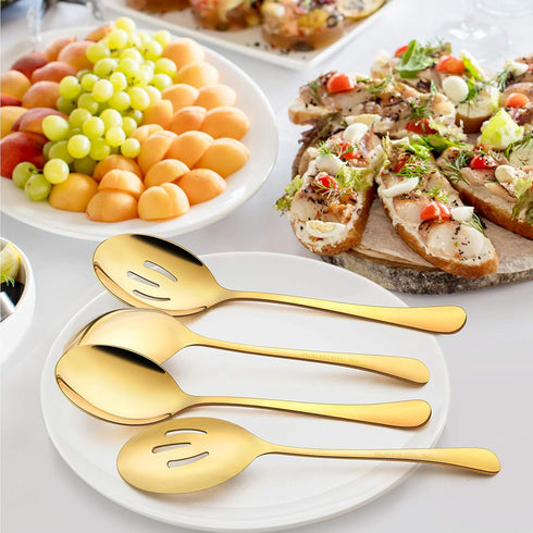 LIANYU 6 Pack Large Gold Serving Spoons Set, 9.8 Inch Stainless Steel Utensils for Party Buffet Dinner, 3 Gold Spoons &