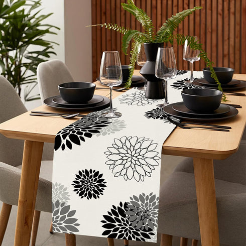 13 36 Inch Black Gray Table Runner Dahlia Pinnata Flower Beige Table Runners Modern Elegant Pompon Farmhouse Geometric