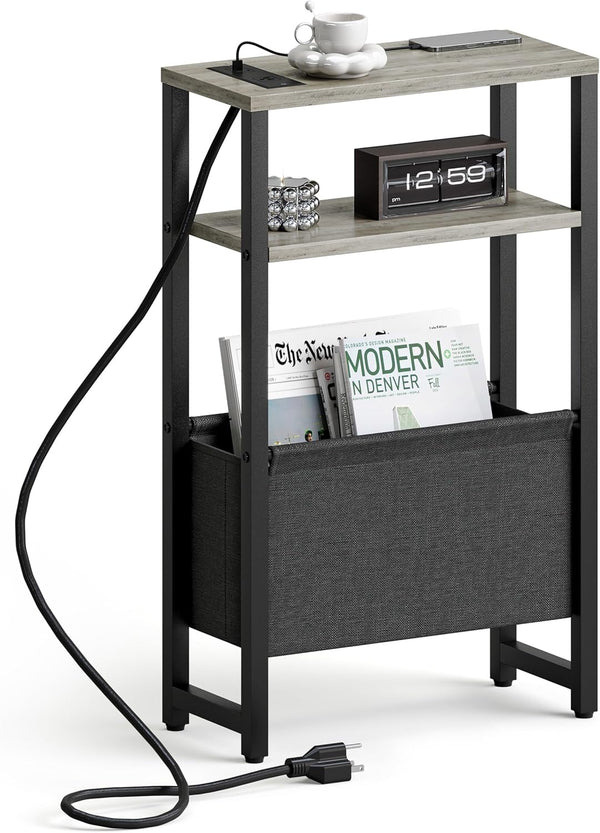 Narrow Side Table with Charging Station Slim End Table Sofa with Magazine