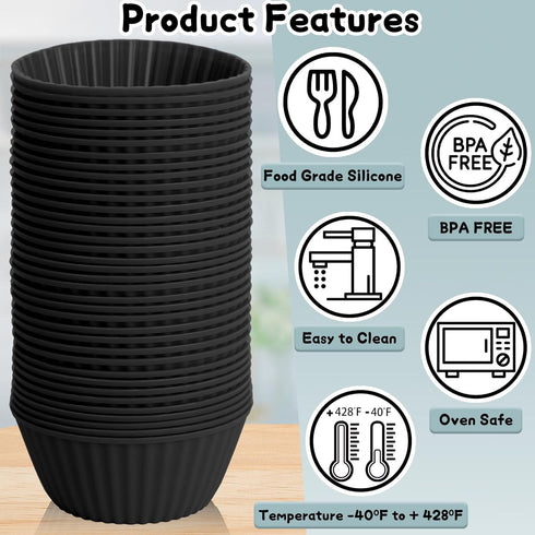 24 Pack Reusable Silicone Baking Cups, Non-stick Cupcake Liners for Party, Birthday, Halloween, Christmas (Black)