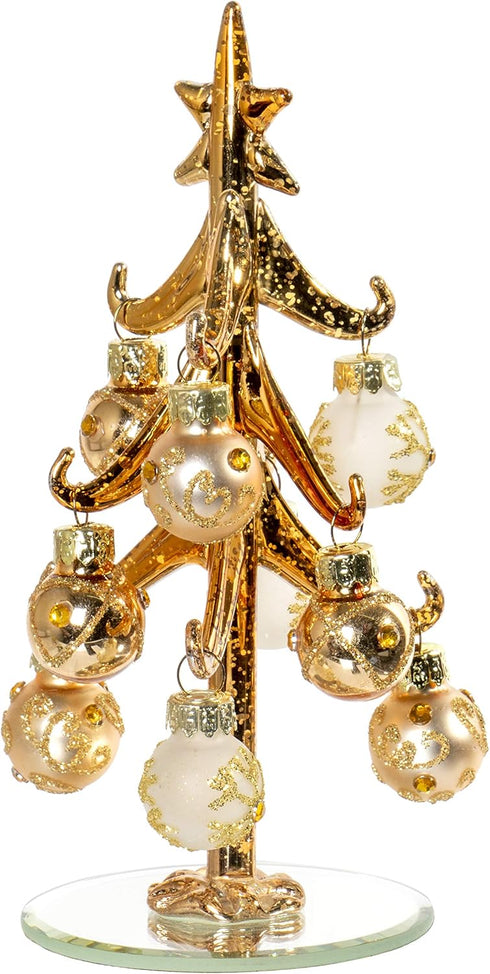 Red Co. 6.25" Mini Gold Metallic Glass Christmas Tree Decoration, Tabletop with Glittered Removable Ornaments