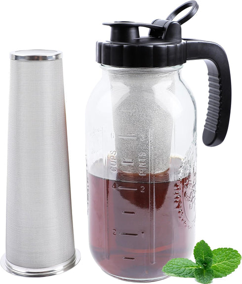Cold Brew Coffee Maker Pitcher, 2 Quart Glass Mason Jar with Spout Lid Filter, Heavy Duty Handle, Airtight & Leak-Proof