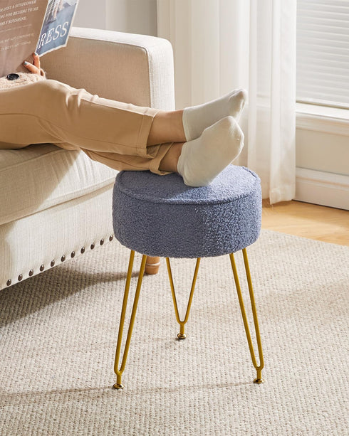 WBD009BU IBUYKE Teddy Velvet Round Footrest Stool Ottoman, Makeup Vanity Stool Side Table, Velvet Dressing Table Seat