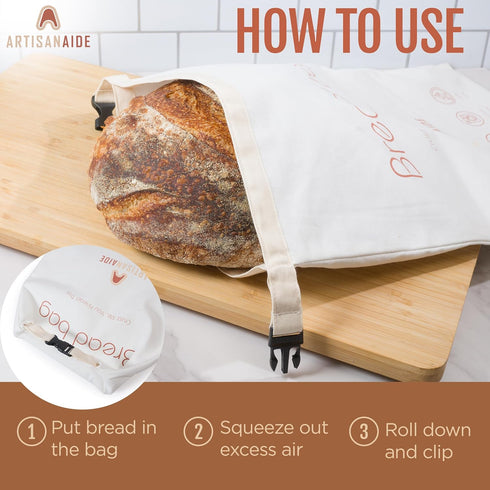 2 pack 12x17 Reusable Bread Bag for Homemade Sourdough - in Organic Cotton + Food-Safe Lining Roll-Top Buckle Closure