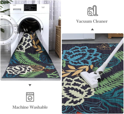 Runner Rug 2x6 Floral Washable Kitchen Runner, Modern Farmhouse Easy-Cleaning Hallway Rug, Green/Grey