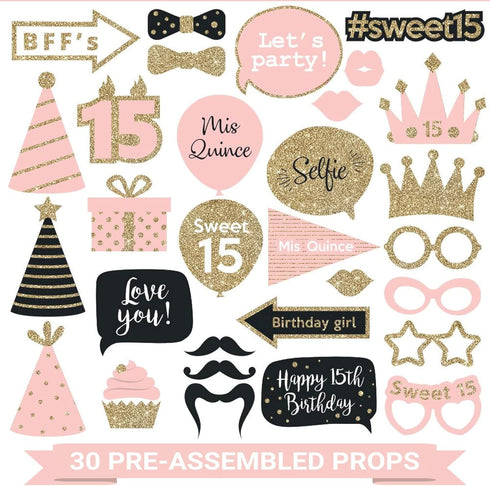 Fully Assembled Sweet 16 Birthday Photo Booth Props, Set of 30, Pink & Gold Selfie Signs, 16th Party Supplies
