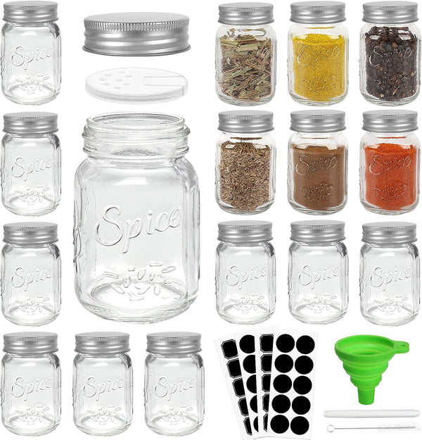 CycleMore 15 Pack 4oz Glass Mason Spice Jars with Silver Metal Caps, Pour/Sift Shaker Lids, 40 Labels, Funnel, Brush,