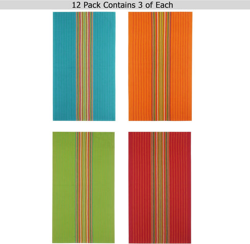 12 Pack 100% 16x28 COTTON CRAFT Salsa Stripe Kitchen Towels - Cotton Tea Dish Towels - Absorbent Reusable Low Lint