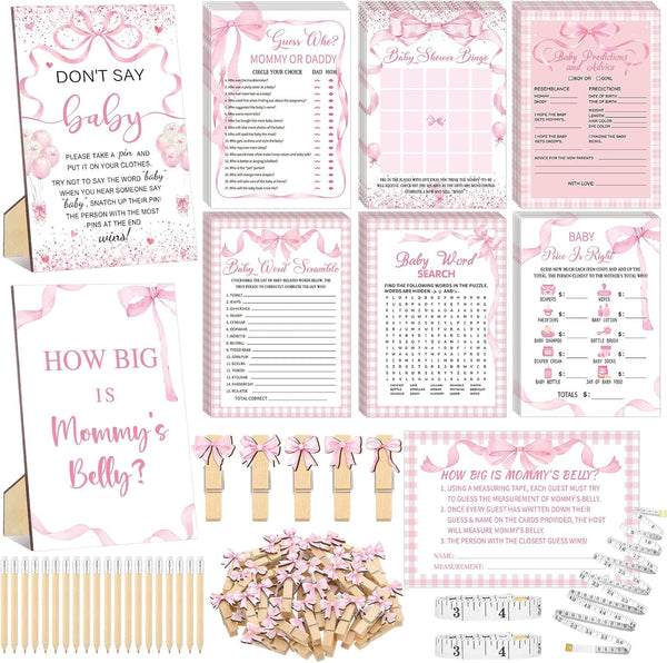 Funnymoom 426 Pcs Pink Bow Baby Shower Games Set-8 Games, Includes Baby Shower