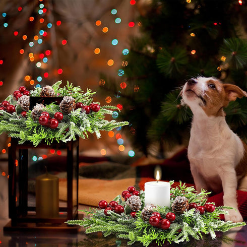 6 Lyrow Pcs Christmas Candle Rings Wreath Xmas Kitchen Cabinet Mini Wreath Artificial Berries Snowy Pine Candle Ring