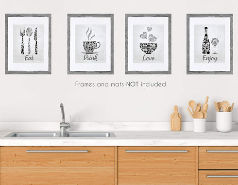 Black Grey White Mosaic Vintage Kitchen Wall Art, Eat Drink Love Wine Coffee Hearts Prints for Rustic Home