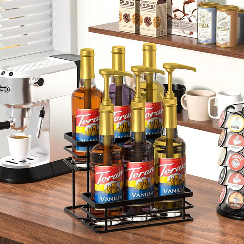 Coffee Syrup Rack Organizer - 2-Tier Stand for 6 Bottles Storage on Kitchen Countertop (Black)