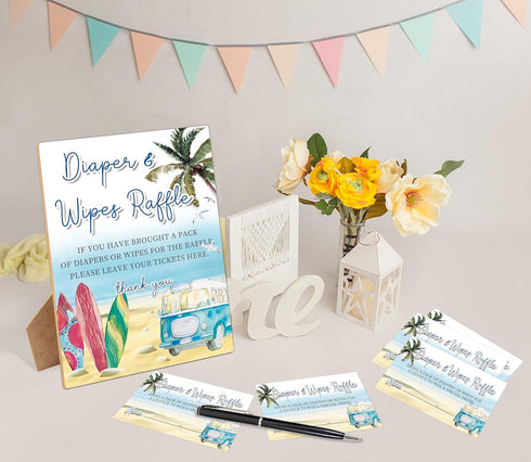Woukaup Summer 1 50 Diapers Wipes Raffle, Beach Surf Diaper Raffle Tickets for Baby Shower, Wooden Sign with Diaper