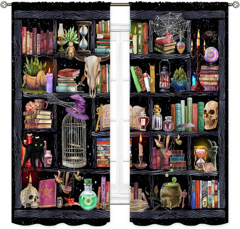 TKUYO 42"x45" Inch Witchy Curtains, Fantasy Magical Vintage Bookshelf Mysterious Bookcase Gothic Skull Spooky Gothe