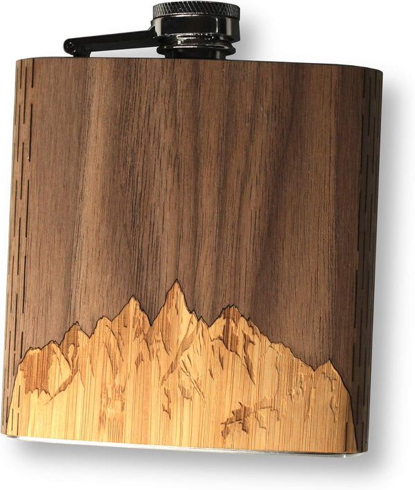 WUDN 6 oz. Wooden Hip Flask, Stainless Steel Body, Sawtooth Mountains Walnut Sky