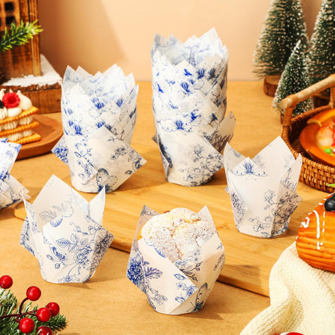 Gerrii 200 Pcs Chinoiserie Blue White Flower Cupcake Liners | Mini Baking Cups for Decoration