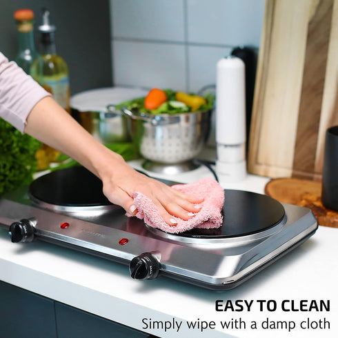 OVENTE 1500W Countertop Infrared Double Burner, Silver Electric Hot Plate with 7.5” Ceramic Glass Cooktop