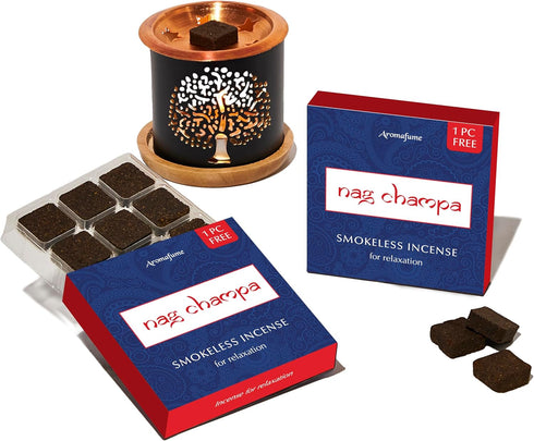 Nag Champa Incense Bricks (2 x 9 Bricks) & Tree of Life Incense Burner by Aromafume - Natural, Smokeless, Non Toxic
