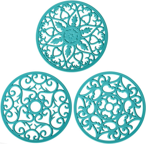 Teal Silicone Trivets for Hot Dishes, Multi Use Round Pot Holders Set of 3, Kitchen Countertop and Tabletop Mat