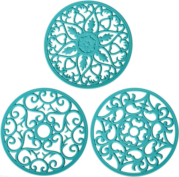 Teal Silicone Trivets for Hot Dishes, Multi Use Round Pot Holders Set of 3, Kitchen Countertop and Tabletop Mat