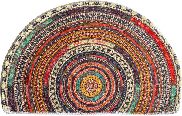 Semi Circle Bathroom Floor Rug, Half Round Door Mat, Mandala Boho Non-Slip Absorbent Bath Mat, Multicolor
