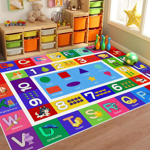 4' 2'7" ABC Kids Play Rug - Number Alphabet Shape Fruit Learning Educational Area Rug - Large Non-Slip Kids Room Play