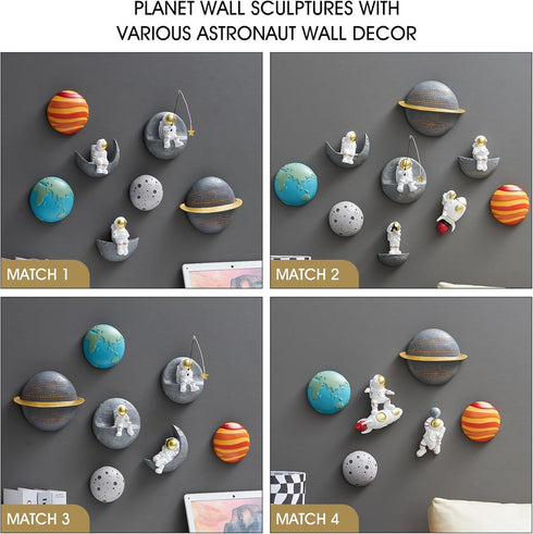 4Pcs 3D Outer Space Planets Wall Decor - Modern Wall Sculptures for Living Room & Bedroom - Solar System Decorations