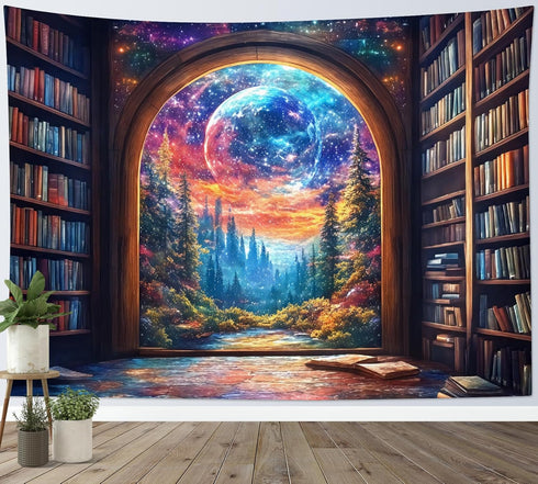 LB 60 40 Inches Fantasy Bookshelf Moon Tapestry, Forest Tree and Vintage Library Classroom Wall Tapestry for Bedroom