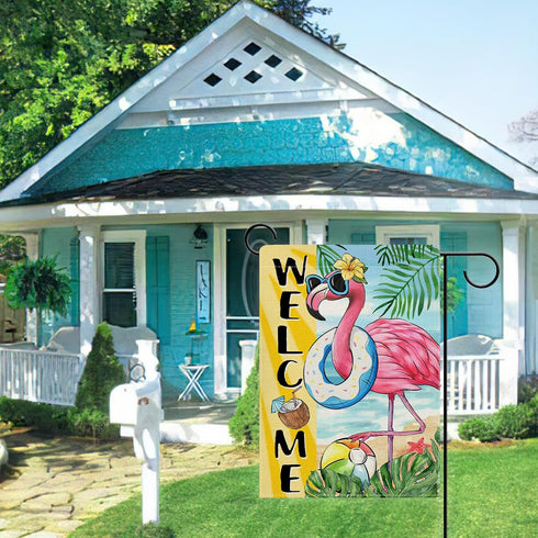 Welcome Summer Flamingo Decorative Garden Flag: Beach Coastal Swim Ring Tropical Palm Leaves 12x18 Inch
