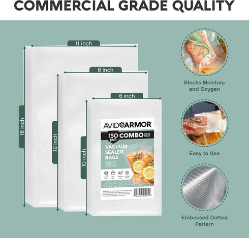 Avid Armor Vacuum Sealer Bags, Non-BPA Freezer Bags for Food Storage, Freezing, and Sous Vide Cooking, 150 Bags Combo
