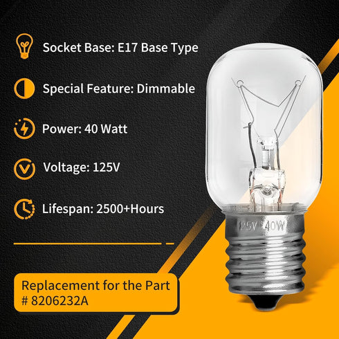 UP2WIN Light Bulb Compatible with Whirlpool 8206232A, 40w 125v Microwave Oven Light, E17 Base, 3 Pack