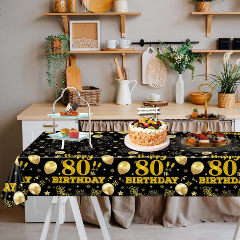 2 Pack 80th Tablecloths,54 108 inch Birthday x Disposable Black and Gold Plastic Waterproof Rectangular Table Covers