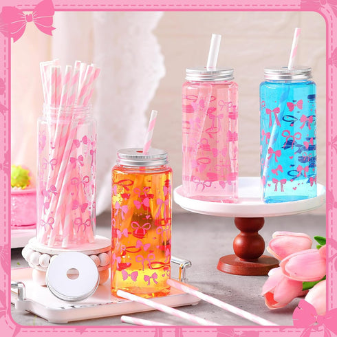 Chuangdi 24 Sets 14 oz 24 25 Pink Bow Bottles with Straws and Metal Lids Plastic Coquette Bottles Paper Straws Tumbler