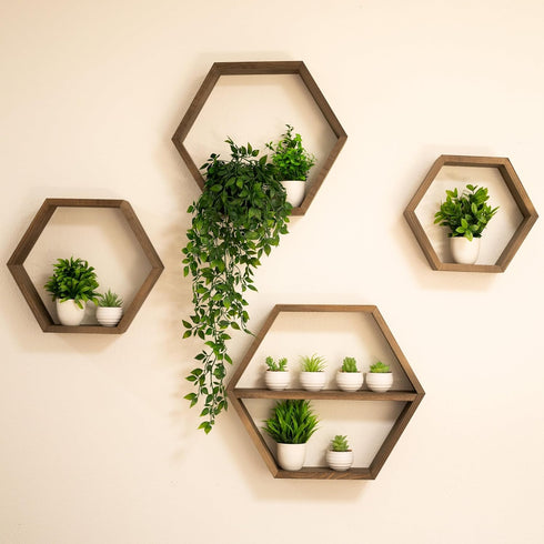 Set 4 Large Hexagon Floating Shelves of Honeycomb Shelf, Crystal Display Shelf, Wood Hexagon Wall Shelves, Farmhouse