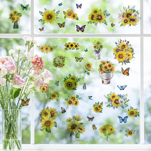 CRASPIRE 8 Sheets Sunflower Window Stickers - Spring Summer Theme Butterfly Clings for Home Decor