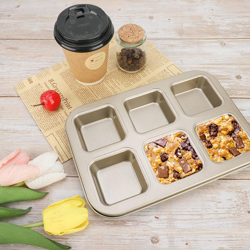 Beasea Brownie Pan, 6 Cavity Gold Nonstick Square Mini Brownie Muffin Cake Pan, Cheesecake Bakeware